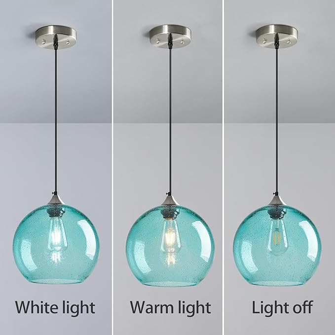 Light Blue Glass Pendant Lights Kitchen Island Globe Pendant Light Fixtures Modern Pendant Lighting for Bedroom Living Dining Room Light Fixture (9.84 in, 3 Pack)