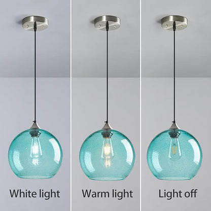 Light Blue Glass Pendant Lights Kitchen Island Globe Pendant Light Fixtures Modern Pendant Lighting for Bedroom Living Dining Room Light Fixture (9.84 in, 3 Pack)
