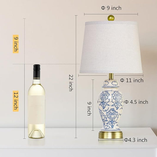 RORIANO Chinoiserie Ceramic Table Lamps Set of 2 for Living Room Bedroom Bedside, Traditional Blue Porcelain Classic Table Lamp for Nightstand Entryway, 2 LED Bulbs Included