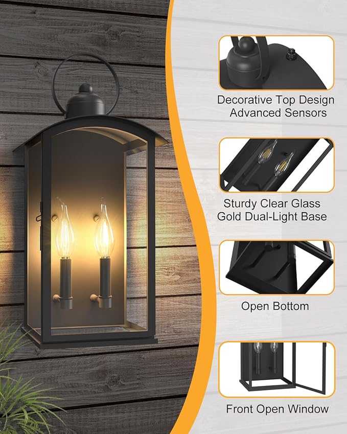 𝟏𝟗.𝟕-𝐈𝐍𝐂𝐇 Outdoor Wall Light Fixtures, Dusk to Dawn Exterior Lanterns Waterproof, Large Porch Sconces Wall Mounted Lighting, Modern Matte Black Front Open Window Wall Lamps for Patio