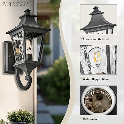 Outdoor Wall Lights 21 Inch Large Front Porch Light with Water Ripple Glass Black Exterior Light Fixture for House E26 Socket