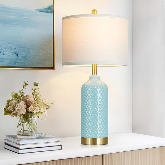 26“ Aqua Blue Ceramic Lamp Single, Coastal Table Lamps for Living Room End Table, Modern Bedside Lamp for Nightstand, Elegant Farmhouse Bedroom Lamps for Desk Side Home Decor(Bulb Included)