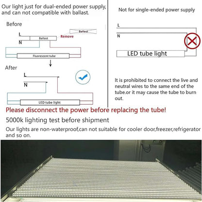 4FT T8 LED Tube Lights,36W 3600lm,Daylight White 5000K,R17d Base,45.8 inches End to End,60W F48T12 CW HO Fluorescent Bulb Replacement,Ballast Bypass,Dual-Ended Power for Sign,Shop,Pack of 6