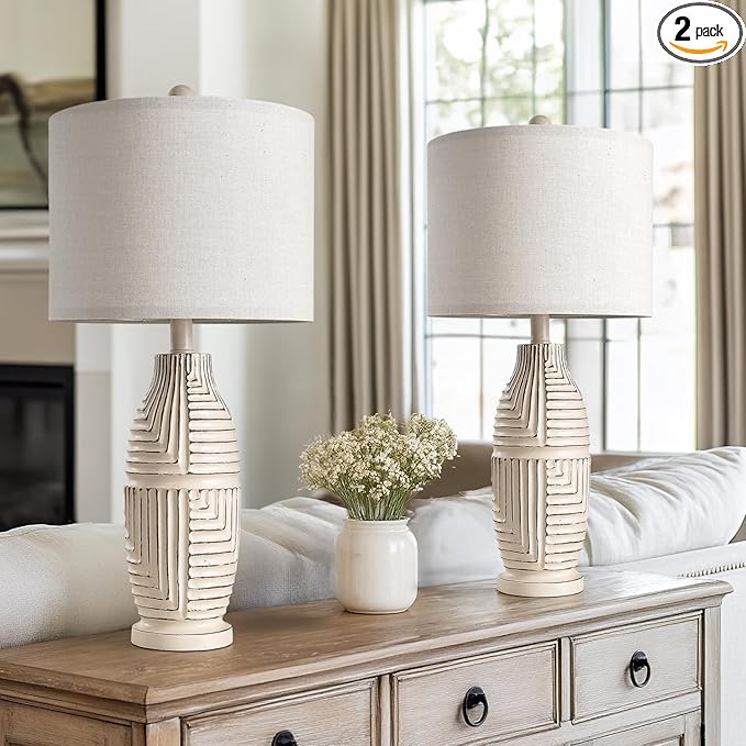BOBOMOMO 25" Rustic Farmhouse Table Lamps Set of 2, Vintage Resin Nightstand Lamps with Fabric Shades, Retro Bedside Lamps for Bedroom, Living Room, Dining Room, Home Decoration