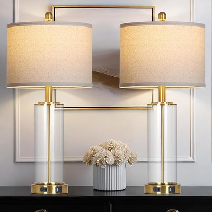 26" Gold Glass Table Lamps Set of 2, 3-Way Dimmable Touch Control Glass Lamps for Living Room, Modern Bedroom Lamp with USB C+A Ports & Outlet, Classic Bedside Lamp for Nightstand Side End Decoration