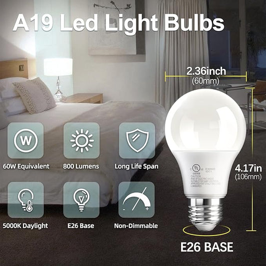 TJOY 24 Pack A19 LED Light Bulbs, 60 Watt Equivalent LED Bulb, Efficient 9W, Daylight 5000K, E26 Standard Base, Bright White Light Bulb, Non Dimmable, Energy Saving, 800LM, 80 CRI, 120V, UL Listed