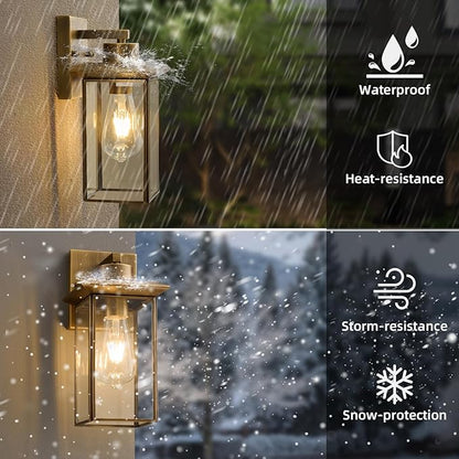 Brass Outdoor Wall Light Fixtures, Exterior Waterproof Lanterns, Porch Wall-Mounted Lights with E26 Socket and Glass Shade – Modern Rustproof Wall Sconces for Yard, Front Door & Entryway.2-Pack