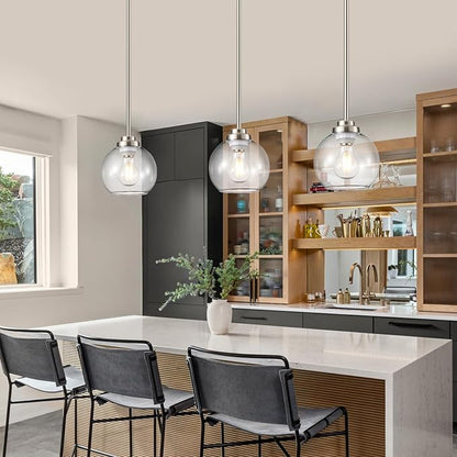 3 Pack Globe Pendant Light, Brushed Nickel Hanging Ceiling Light Fixtures with White Frosted Glass Shade, Modern House Adjustable Lights for Kitchen Island Bedroom Hallway