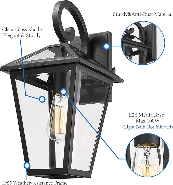 Outdoor Light Fixtures Wall Mount, Waterproof Exterior Wall Lanterns with Glass, Outside Wall Sconces, Front Porch Lights for House Garage Doorway Patio (Black, Clear Glass)