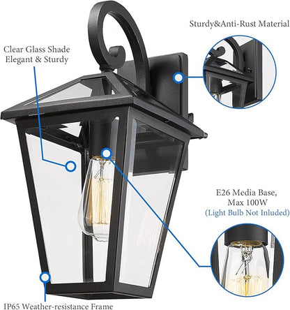 Outdoor Light Fixtures Wall Mount, Waterproof Exterior Wall Lanterns with Glass, Outside Wall Sconces, Front Porch Lights for House Garage Doorway Patio (Black, Clear Glass)