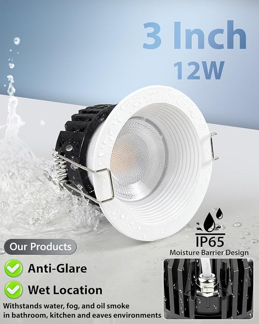 Adetu 3 Inch 5CCT Anti-Glare LED Downlight with Junction Box, 2700K/3000K/4000K/5000K Selectable, CRI90+, 12W COB, 1160LM, IP65 Waterproof, Dimmable-ETL and Energy Star Certified (White,12 Pack)