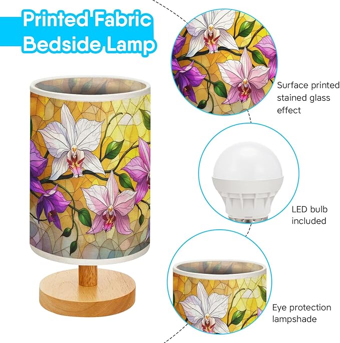 Orchid Table Lamp LED 3-Color Pressed Bedside, Orchid Shade Lamp with Wood Base for Bedroom Living Room Desk Office