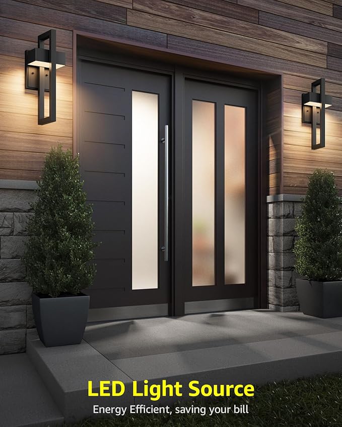 Modern Outdoor Wall Lights 2-Pack Integrated LED Outdoor Wall Sconce Modern Exterior Lighting Fixtures Matte Black Porch Light for House, Patio, Garage, Front Door | 2700K