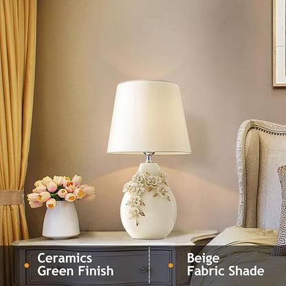 Modern Flower White Table Lamp 17.7" Ceramic Table Lamps Farmhouse Carving with Textured Floral Vase Drum Shade for Living Room Bedroom House Bedside Nightstand Home Office