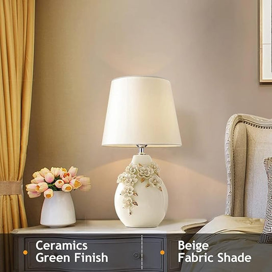 Modern Flower White Table Lamp 17.7" Ceramic Table Lamps Farmhouse Carving with Textured Floral Vase Drum Shade for Living Room Bedroom House Bedside Nightstand Home Office