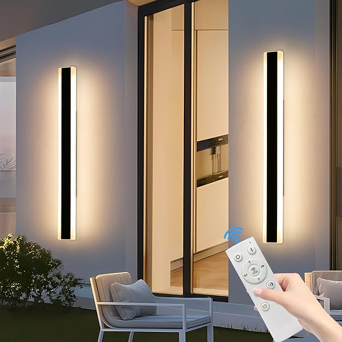2 Pack Long Outdoor Wall Sconce, 47.2inch Modern Exterior Light Fixture, IP65 Waterproof, 3000K-6000K Dimmable with Remote Control, Linear Wall Mount Lighting for Patio, Garden, Garage