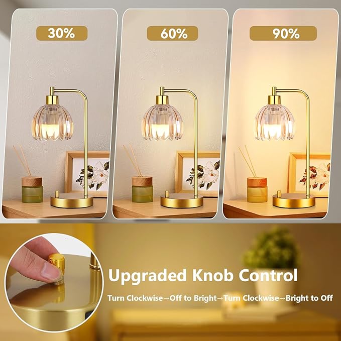 Glass Table Lamp Set of 2,Small Gold Bedside Lamps Dimmable Boho Bedroom Lamp with Tulip Flower Amber Lamp Shade,Vintage Mid Century Modern Mini Nightstand Lamp for Bedroom Living Room