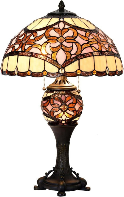 Bieye L10912 Baroque Tiffany Style Stained Glass Table Lamp Lighted Base for Living Room Bedside Home Decoration (Pink, 16-inch)