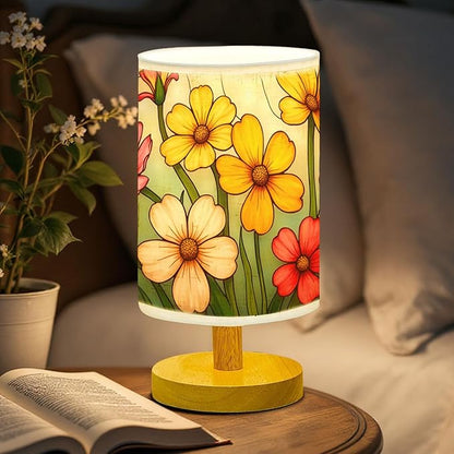 Primrose Flowers Table Lamp LED 3-Color Pressed Bedside, Primrose Flowers Shade Lamp with Wood Base for Bedroom Living Room Desk Office