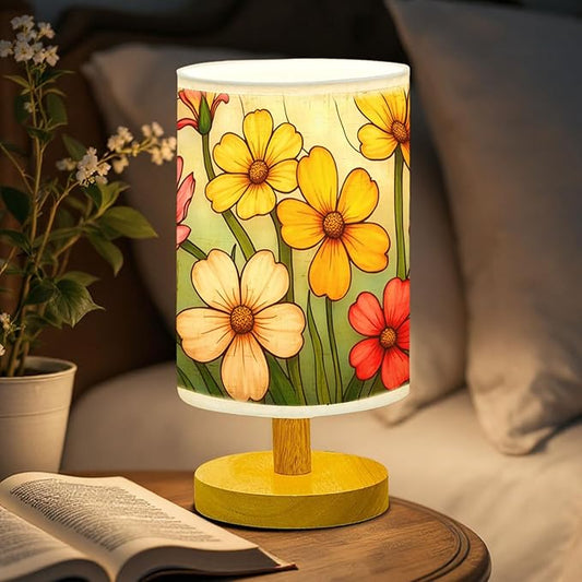 Primrose Flowers Table Lamp LED 3-Color Pressed Bedside, Primrose Flowers Shade Lamp with Wood Base for Bedroom Living Room Desk Office