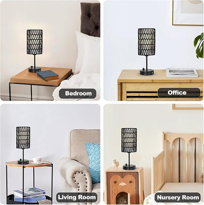 Black Bedside Lamps Set of 2, Touch Control Night Stand Lamp for Bedroom with Rattan & Linen Shade & Bulbs, 3 Way Dimmable Small Boho Table Lamps with USB Charging Port & Phone Stand