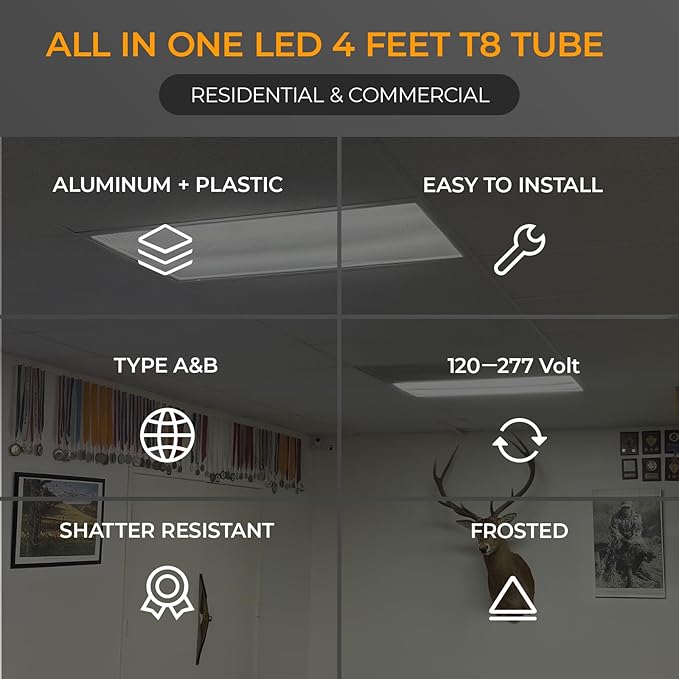 25PK 4FT LED T8 Tube Light, Frosted 24W-10W Selectable Watt & CCT 6500K-3000K, Type A+B Plug&Play or Ballast Bypass 4 Foot Fluorescent Tube Replacement, 120-277V Single or Double Ended, ETL