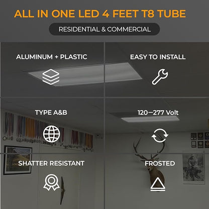 25PK 4FT LED T8 Tube Light, Frosted 24W-10W Selectable Watt & CCT 6500K-3000K, Type A+B Plug&Play or Ballast Bypass 4 Foot Fluorescent Tube Replacement, 120-277V Single or Double Ended, ETL