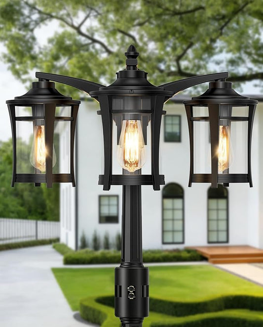 Lotsky Motion Sensor Outdoor Post Lights,360°Detection Dusk to Dawn Lamp Posts Outdoor Lighting with 3 Modes,Black 3-Head Aluminum Outside Street Light for Garden,Driveway,Patio,Waterproof,E26 Base