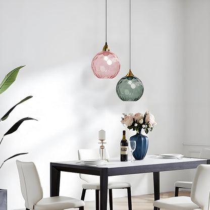 20cm/7.9’’ Industrial Vintage Spherical Glass Pendant Light, E26 Ceiling Hanging Lamp, Gold Finish & Ripple Glass Globe Shade, Dining Room Bedroom Chandelier (Pink)