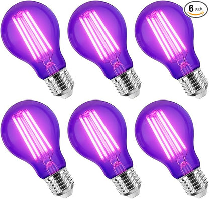 6 Pack E26 A19 Filament LED Black Light Bulbs, 9W Blacklight Bulb, 100W Equivalent, Black Light Bulb Glow in Dark Party Fluorescent Posters Decor Display