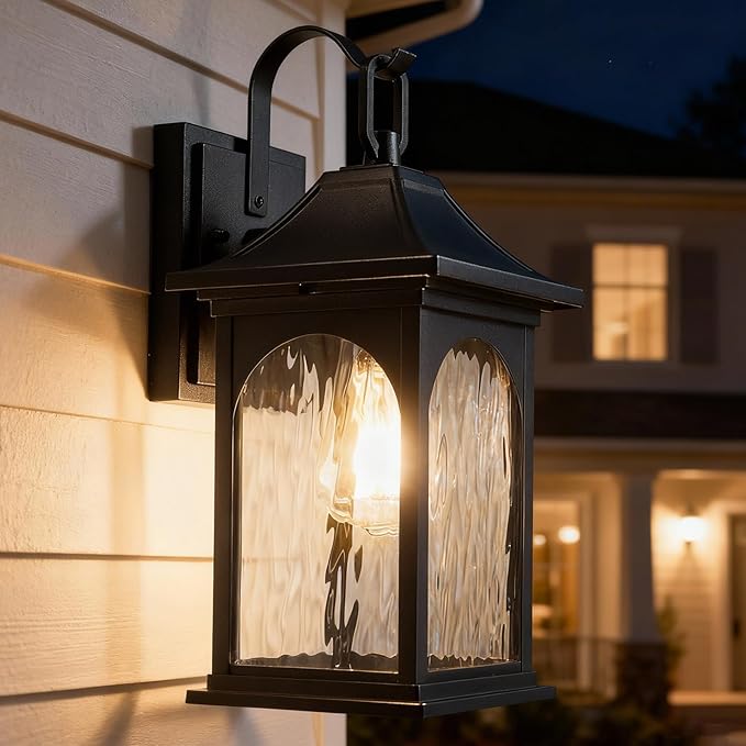 Porch Lights Outdoor Light Fixtures Wall Mount, 13.78 Inch Black Exterior Light Fixtures with Water Ripple Glass, Modern Outdoor sconces Wall Lighting Fixture for Patio House Garage