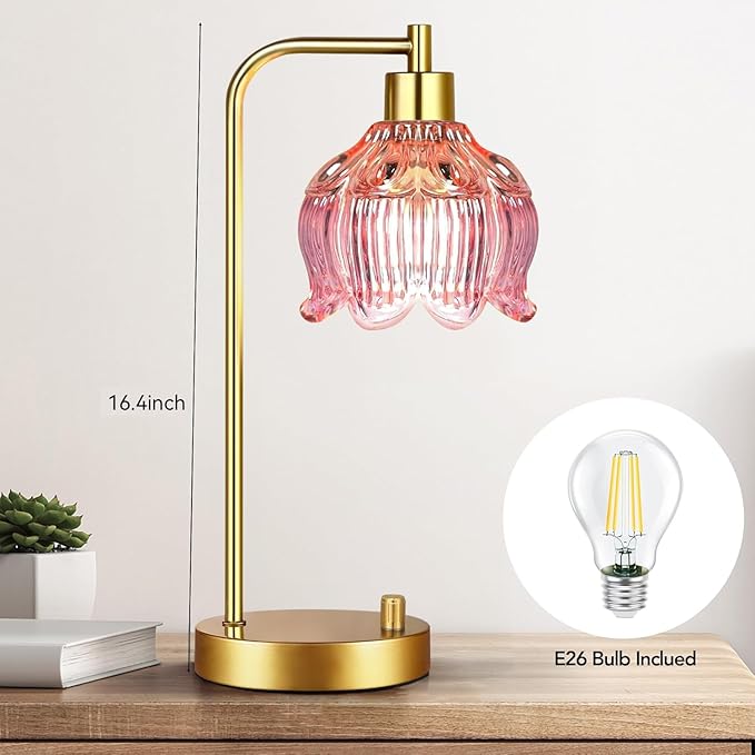 Pink Table Lamp Set of 2,Small Gold Bedside Lamps Dimmable Boho Bedroom Lamp with Flower Glass Lamp Shade,Vintage Mid Century Modern Mini Nightstand Lamp for Girls Kids Bedroom Living Room