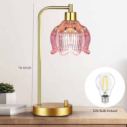 Pink Table Lamp Set of 2,Small Gold Bedside Lamps Dimmable Boho Bedroom Lamp with Flower Glass Lamp Shade,Vintage Mid Century Modern Mini Nightstand Lamp for Girls Kids Bedroom Living Room