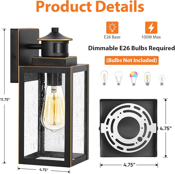 BesLowe 2-Pack Motion Sensor Outdoor Wall Lights, Dusk to Dawn Porch Lights Outdoor Sconces with Seeded Glass, Exterior Lighting Fixtures Wall Mount, Outside Lights for House Front Door Garage Patio