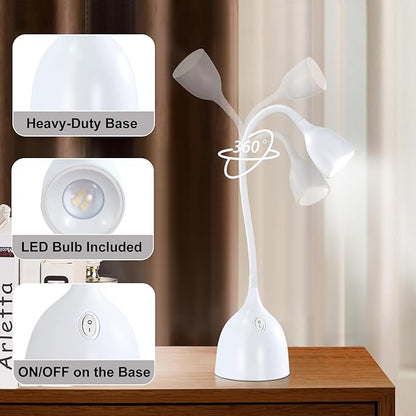 Desk Lamp for College Dorm Room - LED Reading Light - Small Adjustable Flexible Gooseneck Table Lamp - Eye-Caring Desk Lamp for Home Office Study Lamp, White
