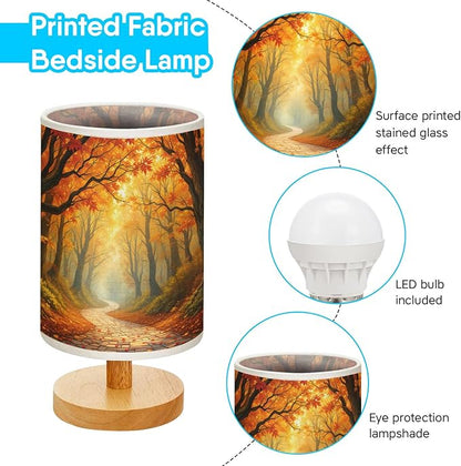 Autumn Forest Table Lamp LED 3-Color Pressed Bedside, Autumn Forest Shade Lamp with Wood Base for Bedroom Living Room Desk Office TL01