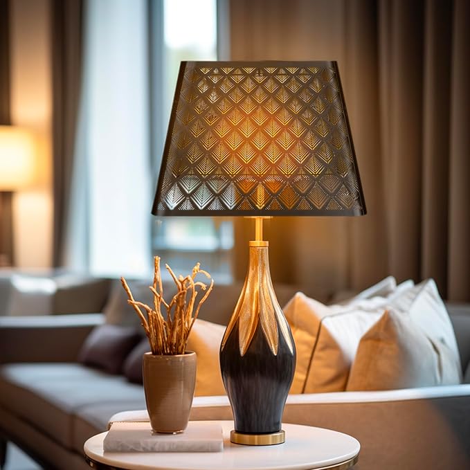 Medium Square Lamp Shades, ALUCSET Metal Lampshade with Pattern of Arrows for Table Lamp and Floor Light, 9 x 12 x 8.8 Inch, Spider (Black/Gold)
