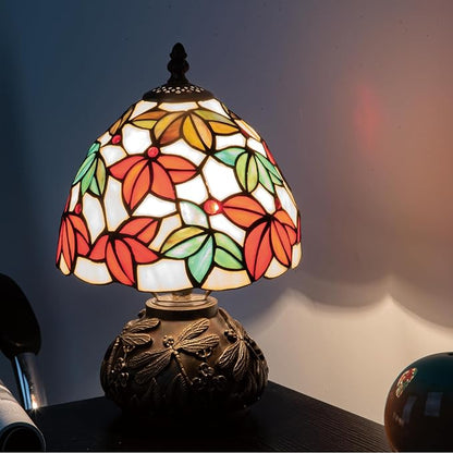 Tiffany Style Stained Glass Mushroom Table Lamp 8" White Red Green Maple Leaf Floral Shade Nightstand Light for Bedroom Dorm Living Coffee Office Housewarming Gift (White Maple Leaf)