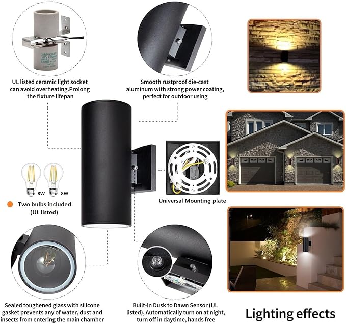 Outdoor Wall Light, Exterior Lighting with Dusk to Dawn Sensor - 2 Light Bulbs Included, Aluminum Waterproof Wall Mount Cylinder Design - Up Down Light Fixture for Porch, Backyard and Patio