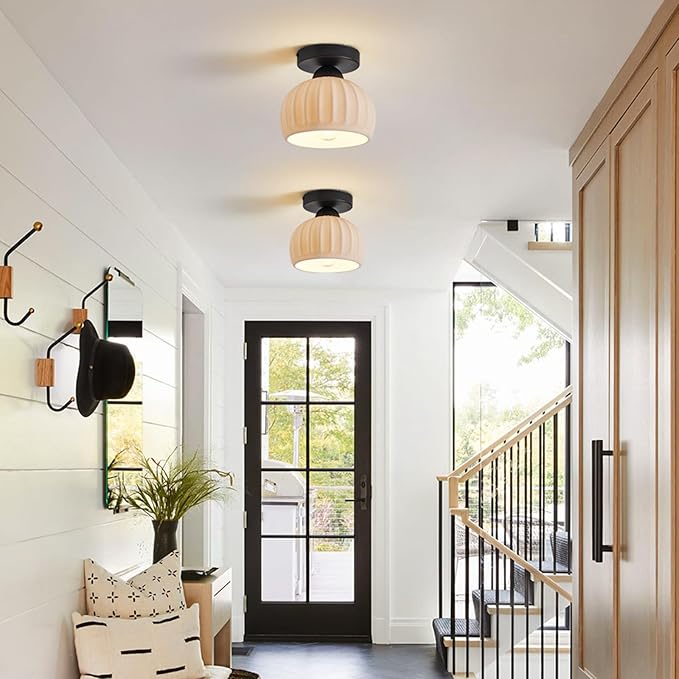 2 Pack Ceramic Semi Flush Mount Ceiling Light,Vintage Black Hallway Light Fixtures, White Globe Ceiling Lights,Mid Century Small Chandelier Light Fixture for Cottage Entryway Laundry Room Kitchen