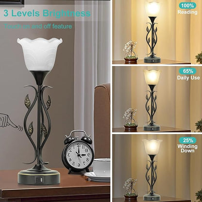 Bedside Lamps Set of 2, Table Lamp with USB Port 3 Way Dimmable Touch lamp Torchiere Nightstand Lamps with Rustic Vines Leaf and Glass Flower Shade lamp for Bedroom, Living Room, Office