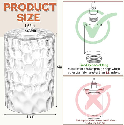 3 Pcs Clear Hammered Glass Shade Replacements for Pendant Light Fixtures Glass Lamp Shade Cover, 1-5/8 Inch Fitter E26 Base, 4"w x 6"h, Replacement Lamp Globe for Chandelier Wall Sconce