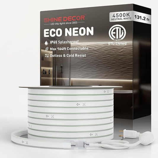 Shine Decor LED Rope Lights AC 120V, Connectable & Cuttable Dotless 120LEDs/M Eco Neon Strip Lighting, ETL IP65 Waterproof & Weather-Resistant for Home Commercial, 8x16mm, 4500K Neutral White, 131.2FT