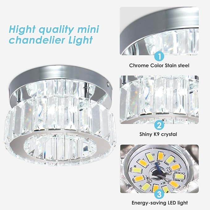CLAIRDAI Flush Mount Ceiling Light Fixture LED Mini Chandeliers with Crystals Hallway Light Mini Modern Crystal Chandeliers Bedroom Chandelier for Bathroom Kitchen Office
