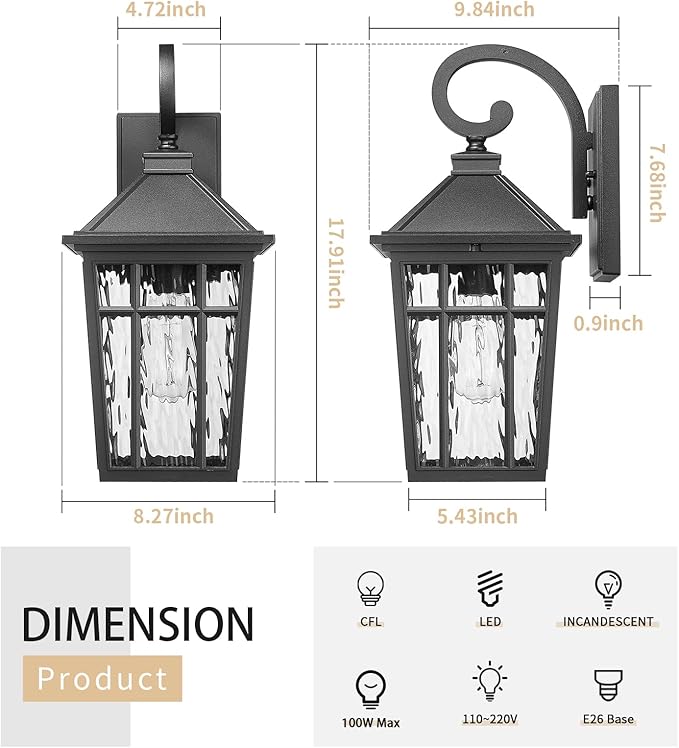 Darkaway 2pcs Large Outdoor Wall Lights for House, 18inch Exterior Lighting Fixtures Wall Mount Outdoor Porch Lights Black Outside Sconce Lights with Water Ripple Glass for Patio Garage Hallway
