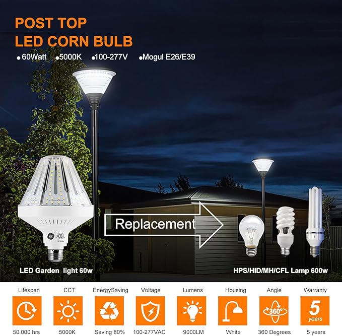 600W Equivalent Led Corn light bulbs,60W 9000 Lumens LED Corn Bulb 5000K Daylight White Lamp,E26 Medium/E39 Mogul Base,2-Pack Large Area Lights For Outdoor Indoor Garage Warehouse High Bay Lighting