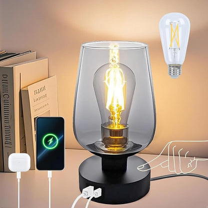 INVGOOD 3 Way Dimmable Touch Bedside Table Lamp, Black Glass Small Desk Lamp with Three Charging Ports for Bedroom Living Room Nightstand, 800LM LED Warm White Bulb Included