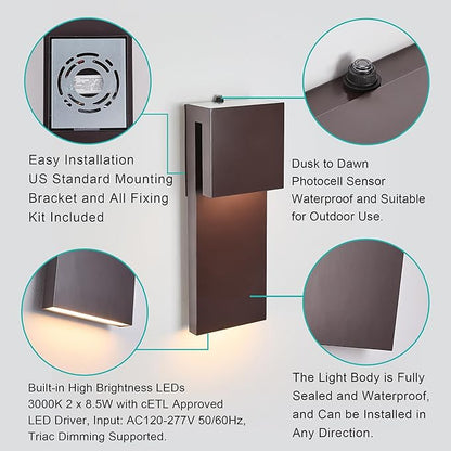 15IN Outdoor Wall Sconce Fixture,Dusk to Dawn Patio Lights,Waterproof Exterior Lamp,Modern Wall Mounted with 17W 3000K LED, Bronze Finish,Outside Lights for House Front Door Entryway
