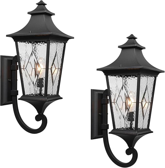 Outdoor Garage Lighting Fixtures 14.6 Inch Outdoor Wall Sconce Light Waterproof Outdoor Light Fixtures Wall Mount with Water Ripple Handmade Glass for Porch 2-Pack E26 Socket