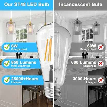 Ralbay ST48 Vintage LED Edison Bulbs 60 Watt Equivalent 6-Pack, Bright Natural White Light 4500K, E26 Antique LED Filament Bulbs, E26 Medium Base